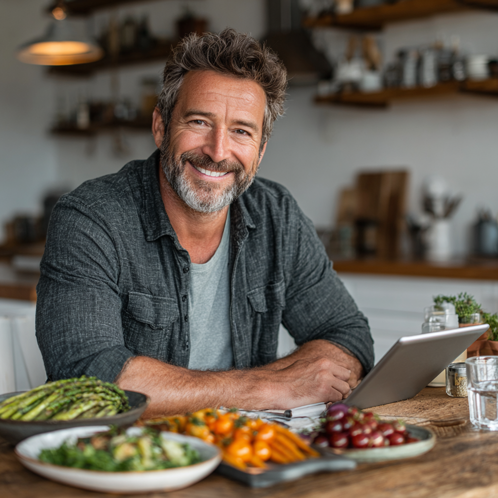 Confident man in his early 50s sitting at dining table with healthy meal spread, smiling while reviewing nutrition plan on tablet in bright modern kitchen