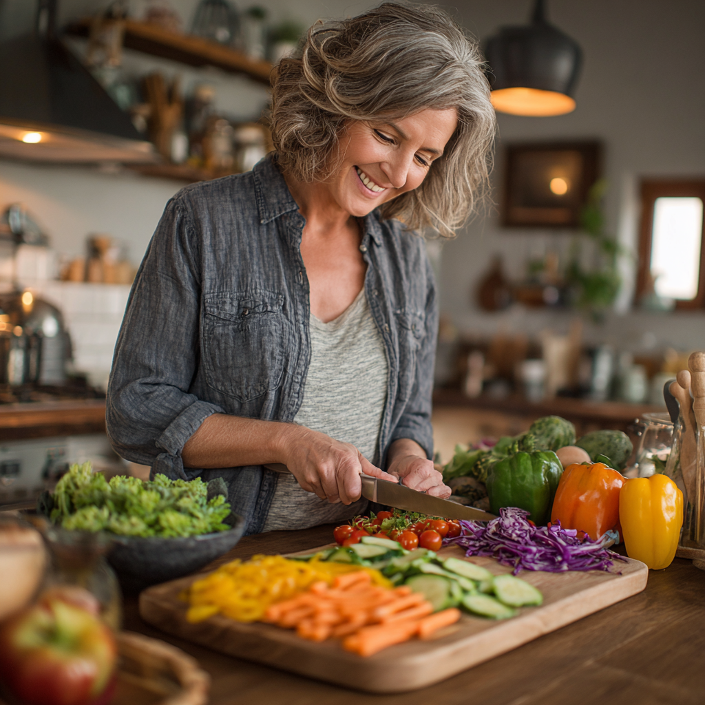 Mature woman in her 40s preparing healthy fresh salad in modern kitchen, smiling while arranging colorful vegetables on wooden cutting board