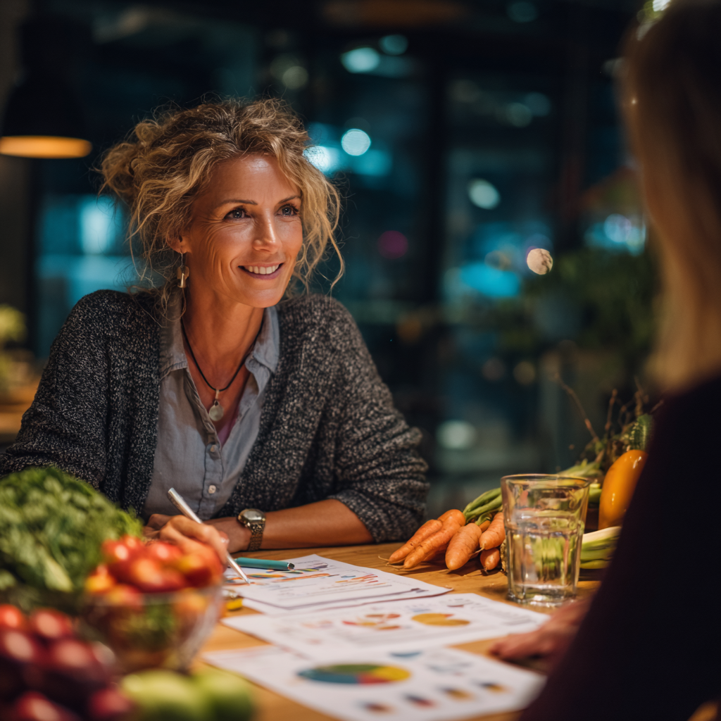 Professional nutritionist woman in her early 40s consulting with client, both sitting at modern office desk with healthy food samples and nutrition charts, warm lighting
